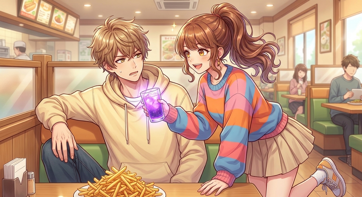 ファミレスで結衣が紫色の謎のドリンクを悠真に飲ませようとしているコミカルなシーン