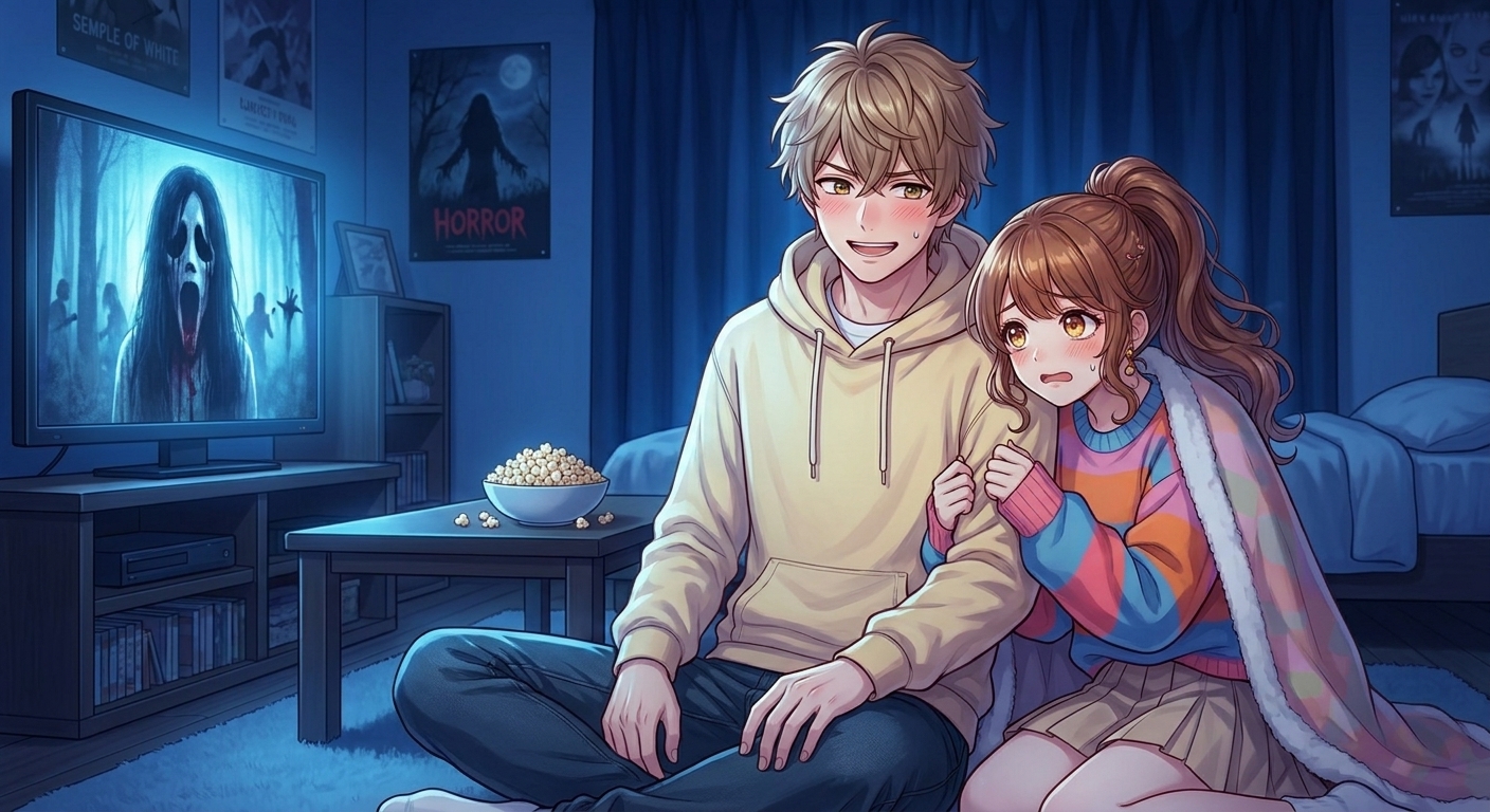 暗い部屋でホラー映画を見ながら、怖がった結衣が悠真の腕にしがみつくドキドキするシーン