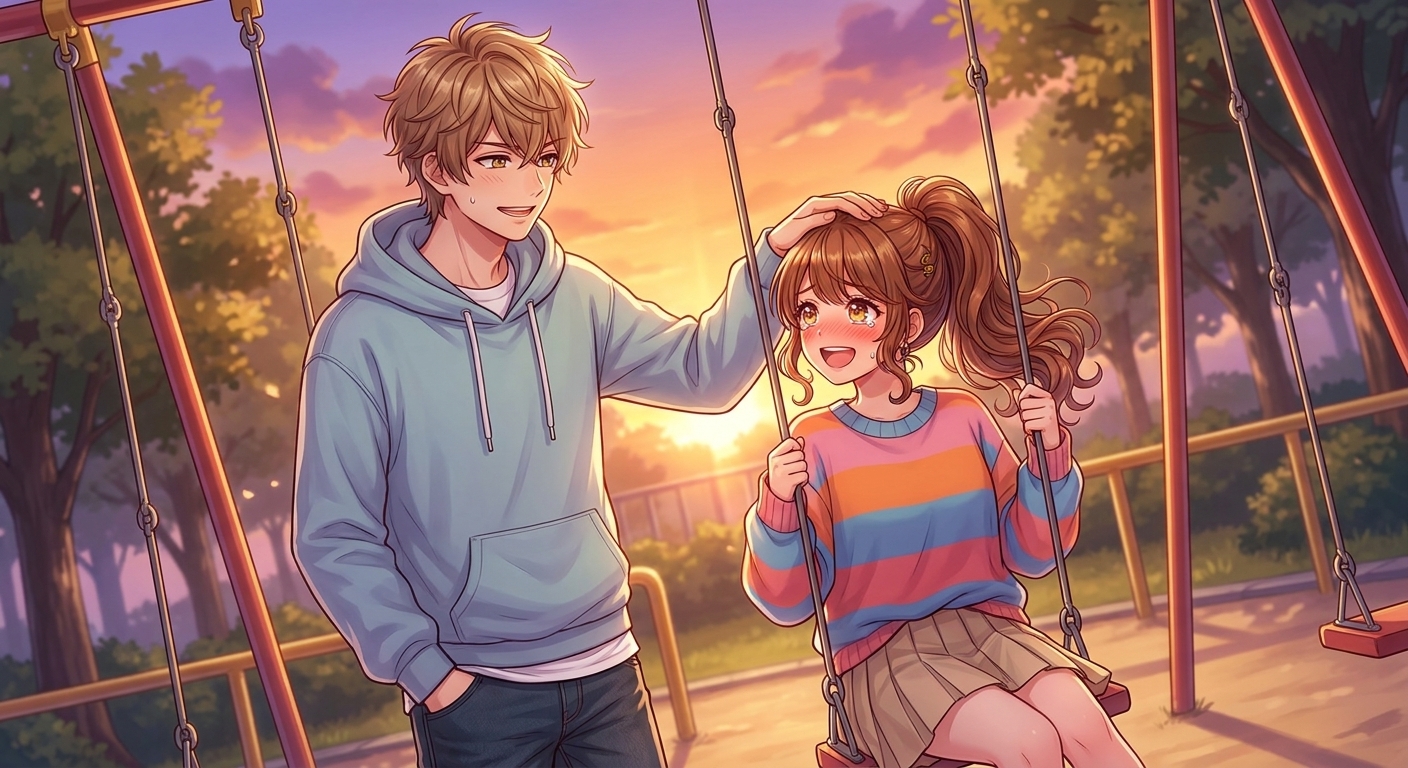 夕暮れの公園のブランコで、悠真が結衣に告白し、二人が心を通い合わせるエモーショナルなシーン