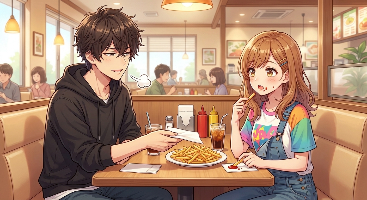 ファミレスで、口元にケチャップをつけた結衣に悠真が呆れながら紙ナプキンを差し出すシーン