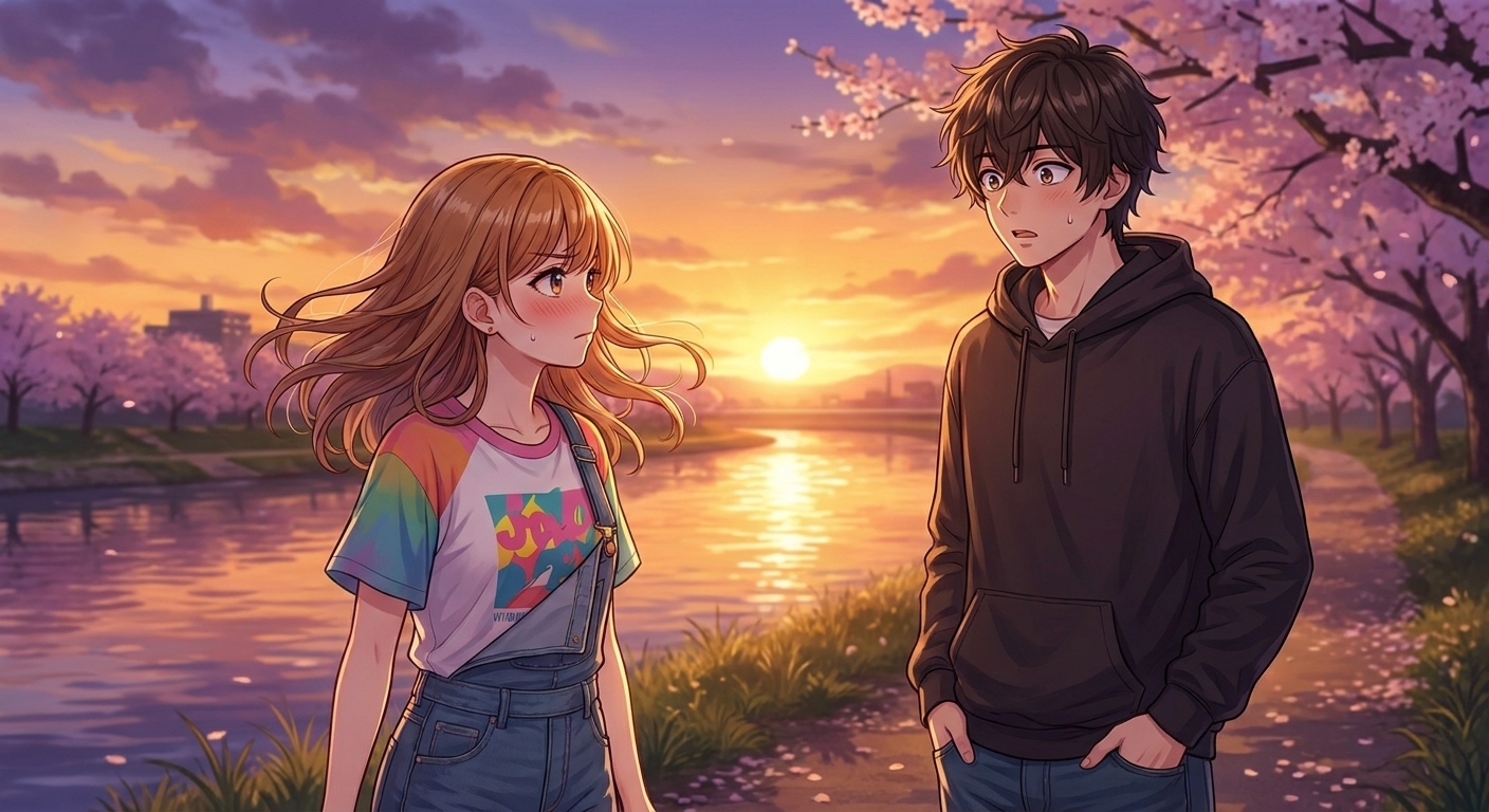 夕暮れの河川敷で、結衣が立ち止まり真剣な表情で悠真を見つめ、「わたしは相沢の何なの？」と問うエモーショナルなシーン