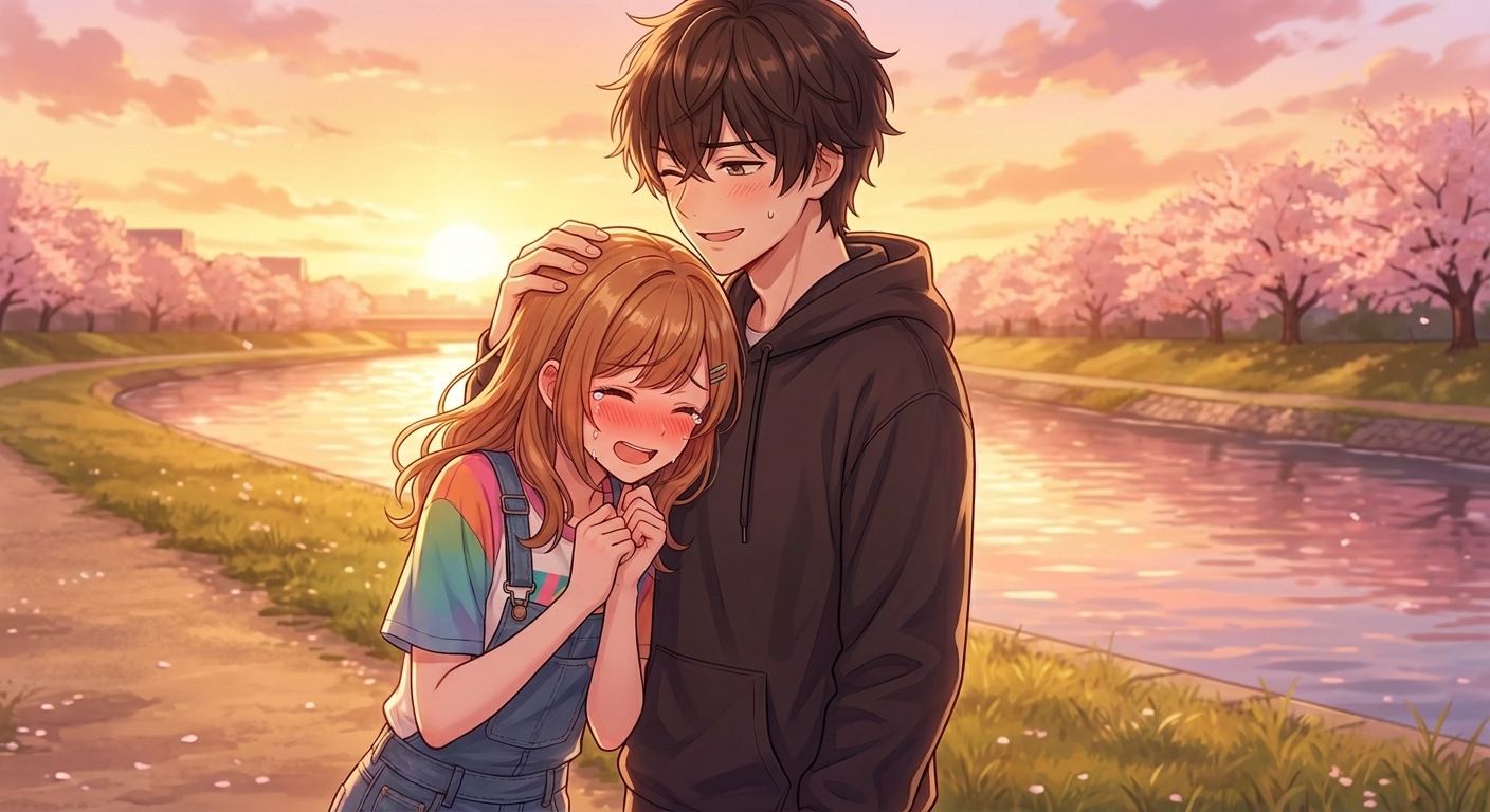 告白の直後、照れ隠しで結衣が悠真の胸に頭突きをし、悠真が笑いながら結衣の頭を優しく撫でるシーン