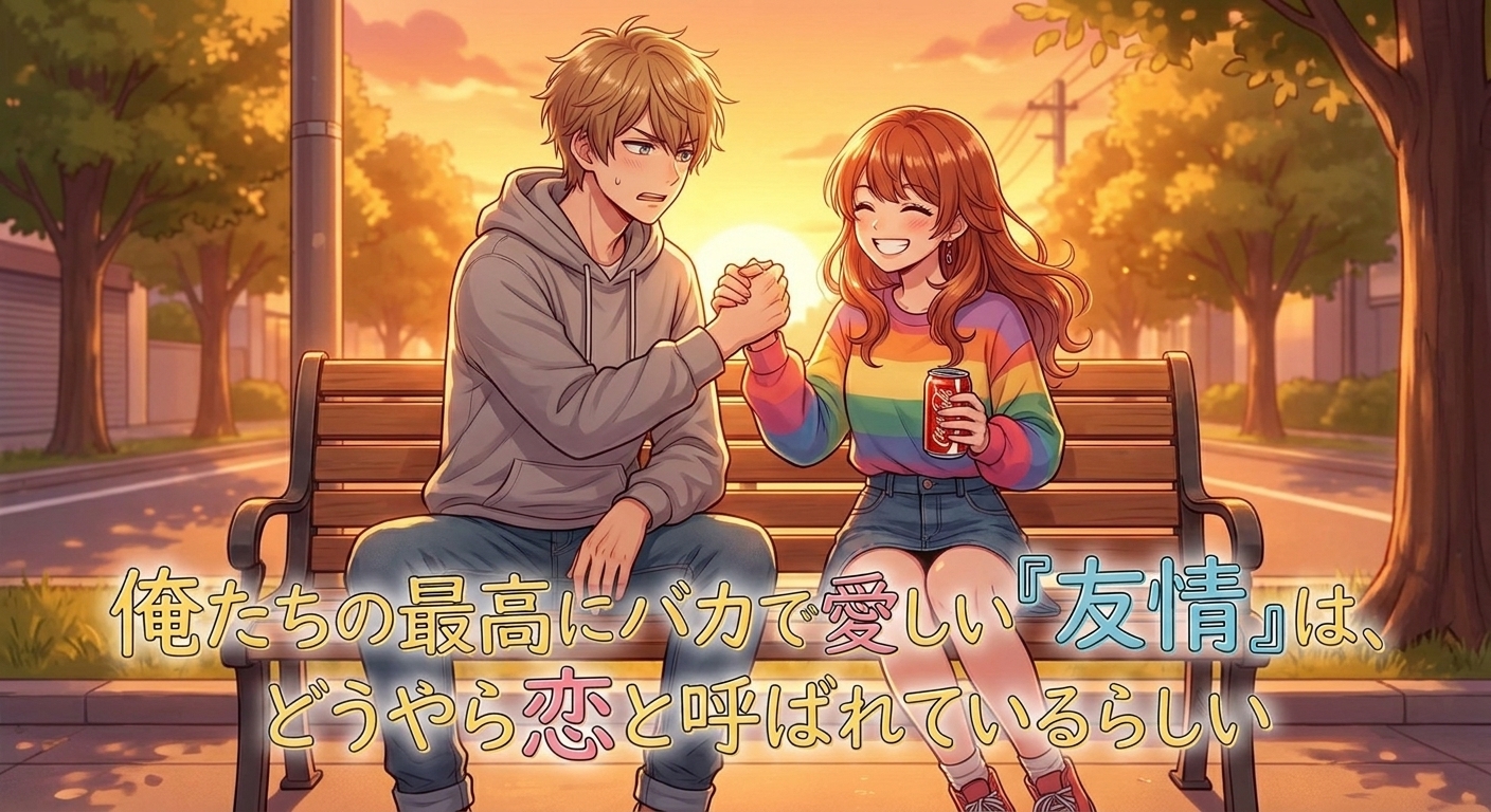 夕日の下、ベンチでコーラを飲みながら右手を合わせ「親友」として誓い合う二人のシーン