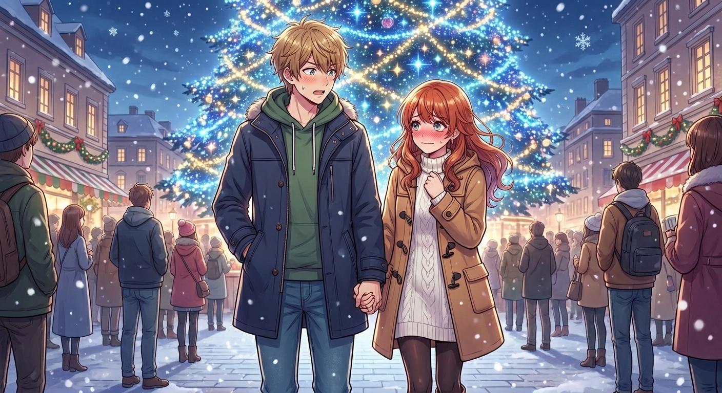 クリスマスの夜、イルミネーションが輝く中で結人のコートのポケットの中で手を繋ぐシーン