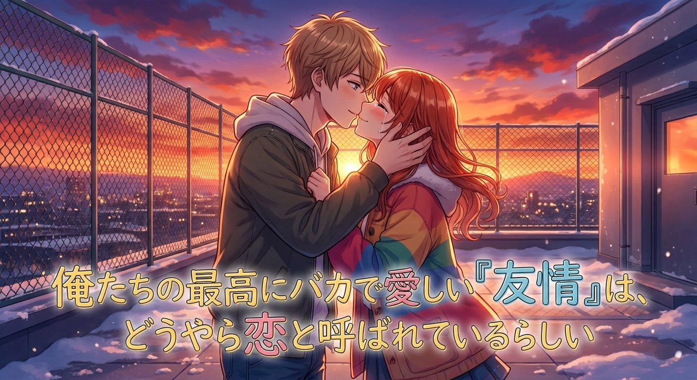 夕暮れの学校の屋上で、バレンタインの告白後、照れながらも初めてのキスを交わすシーン