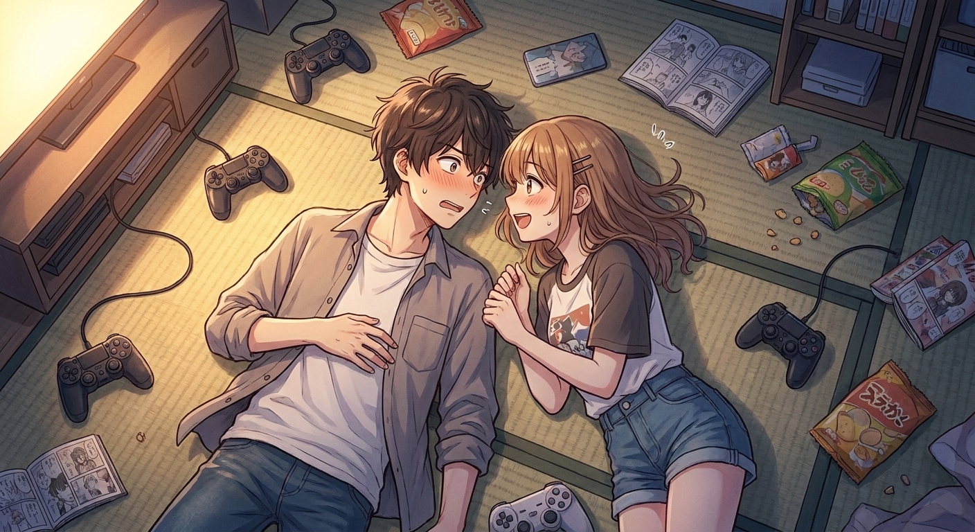 主人公の部屋でバランスを崩して倒れ込み、畳の上で至近距離で見つめ合いながらお互いを意識してしまうシーン