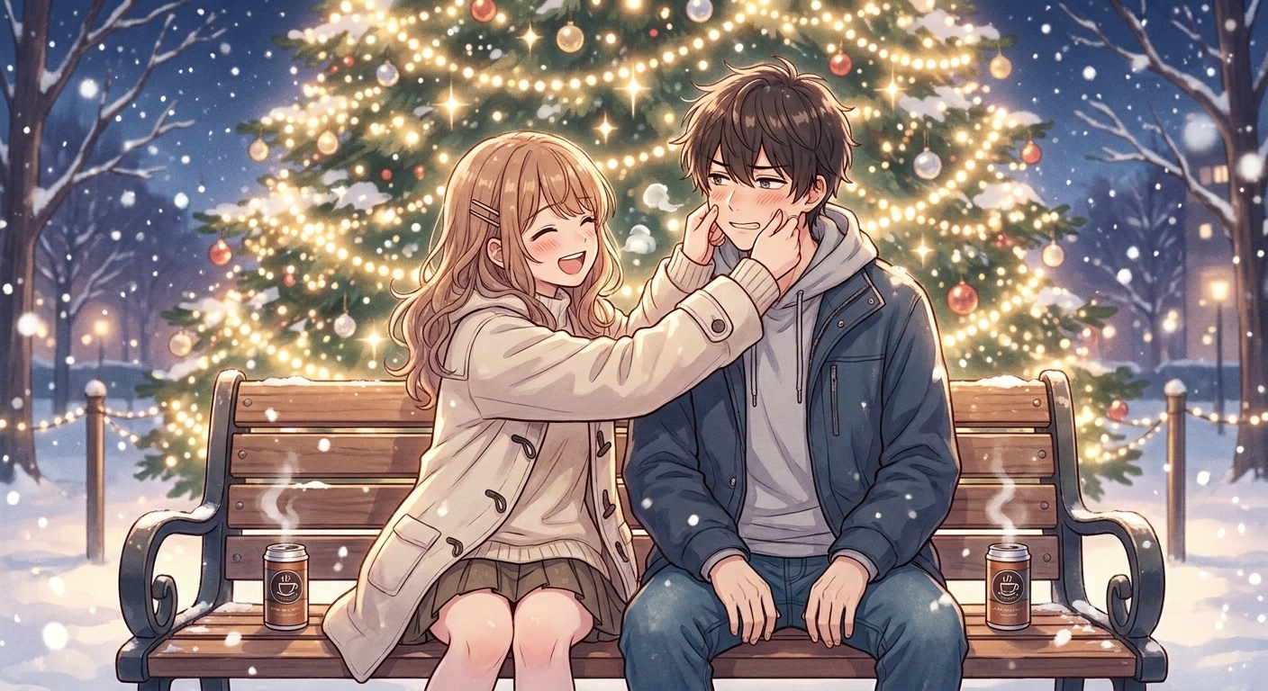 クリスマスイブのイルミネーションの下、ベンチで告白を受け入れた凛が照れ隠しに主人公の頬を両手で挟んで笑いかけるシーン
