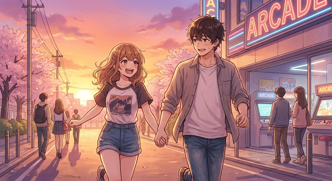 夕暮れ時、恋人同士になった二人が手をしっかりと繋ぎ、ゲーセンに向かって笑顔で走り出すシーン